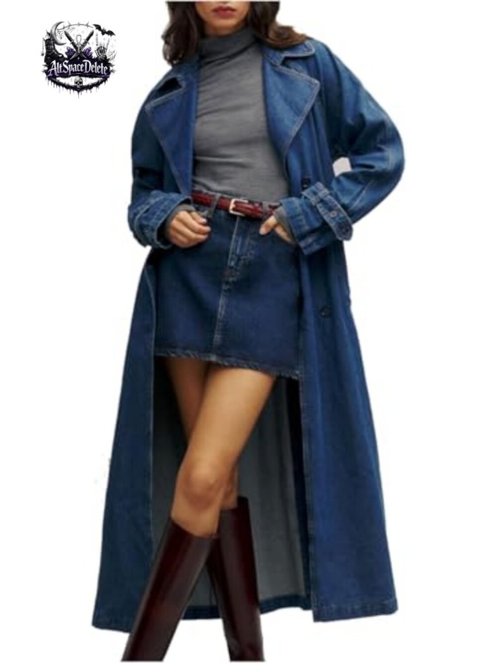 Women's Denim Trench Coat Jean Midi Overcoat Classic Lapel Long Jacket